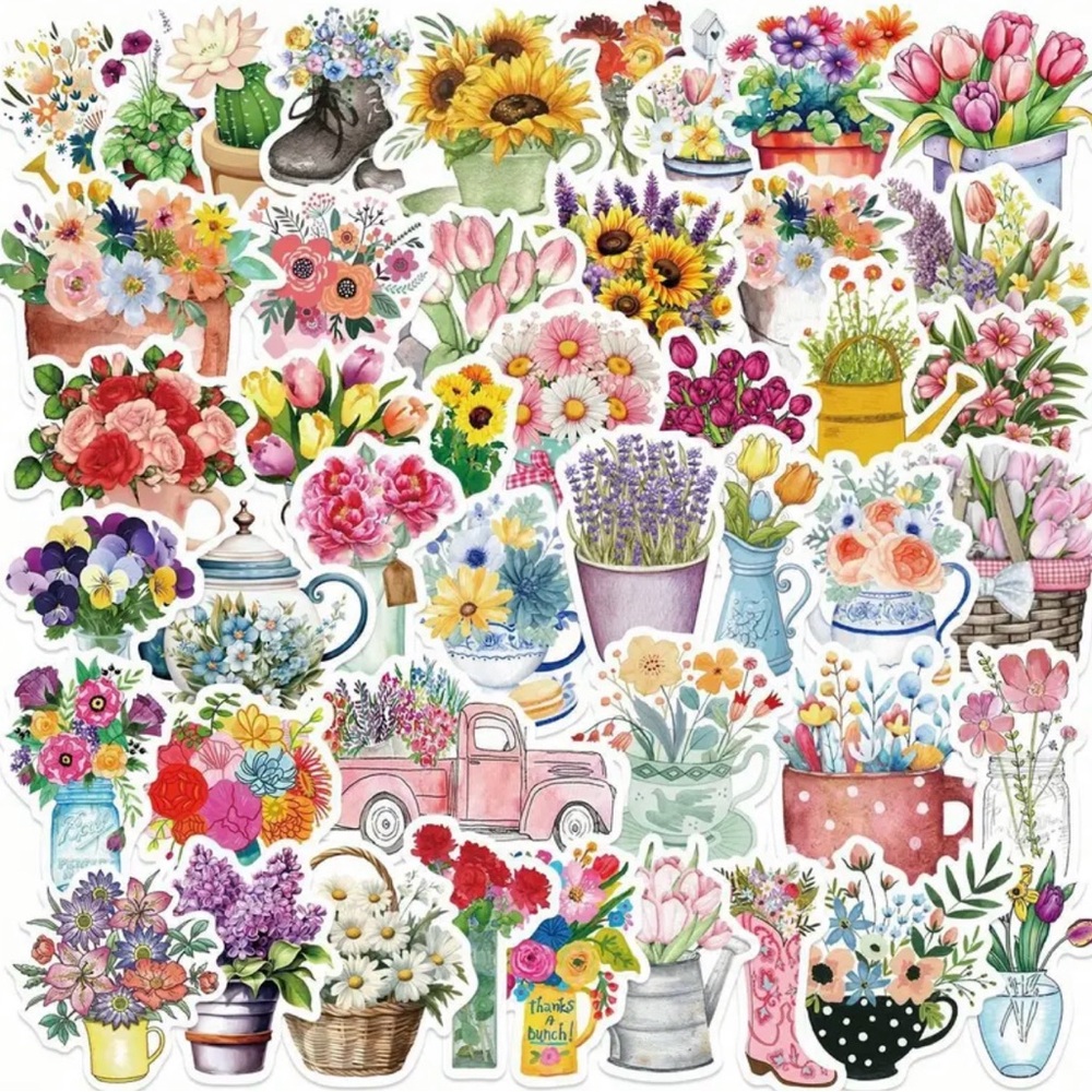 Set of 50 Flower Bouquets in Vases Pots Boots Pitchers Cups Basket